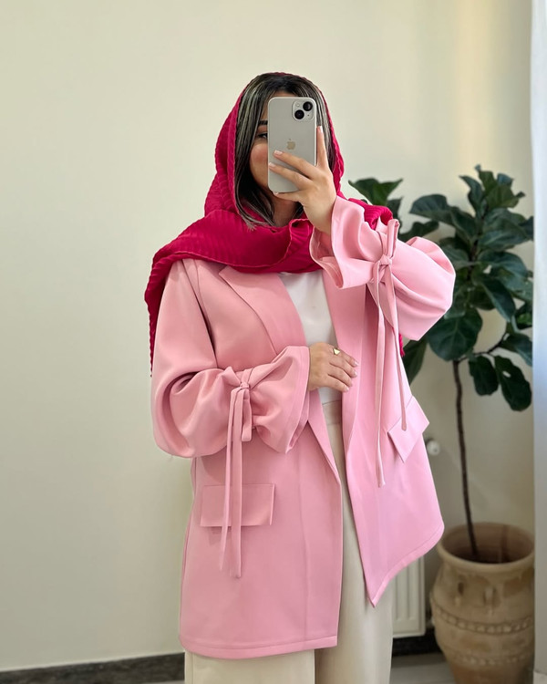 مانتو دخترانه و زنانه عروسکی آستین پاپیون صورتی پودری