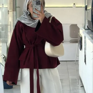 مانتو کتی زنانه دخترانه عروسکی آستین بند پاپیون و کمربند دار زرشکی چری مازراتی